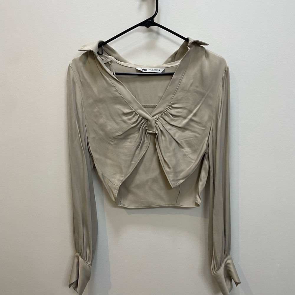 Zara silk tan long sleeve crop top